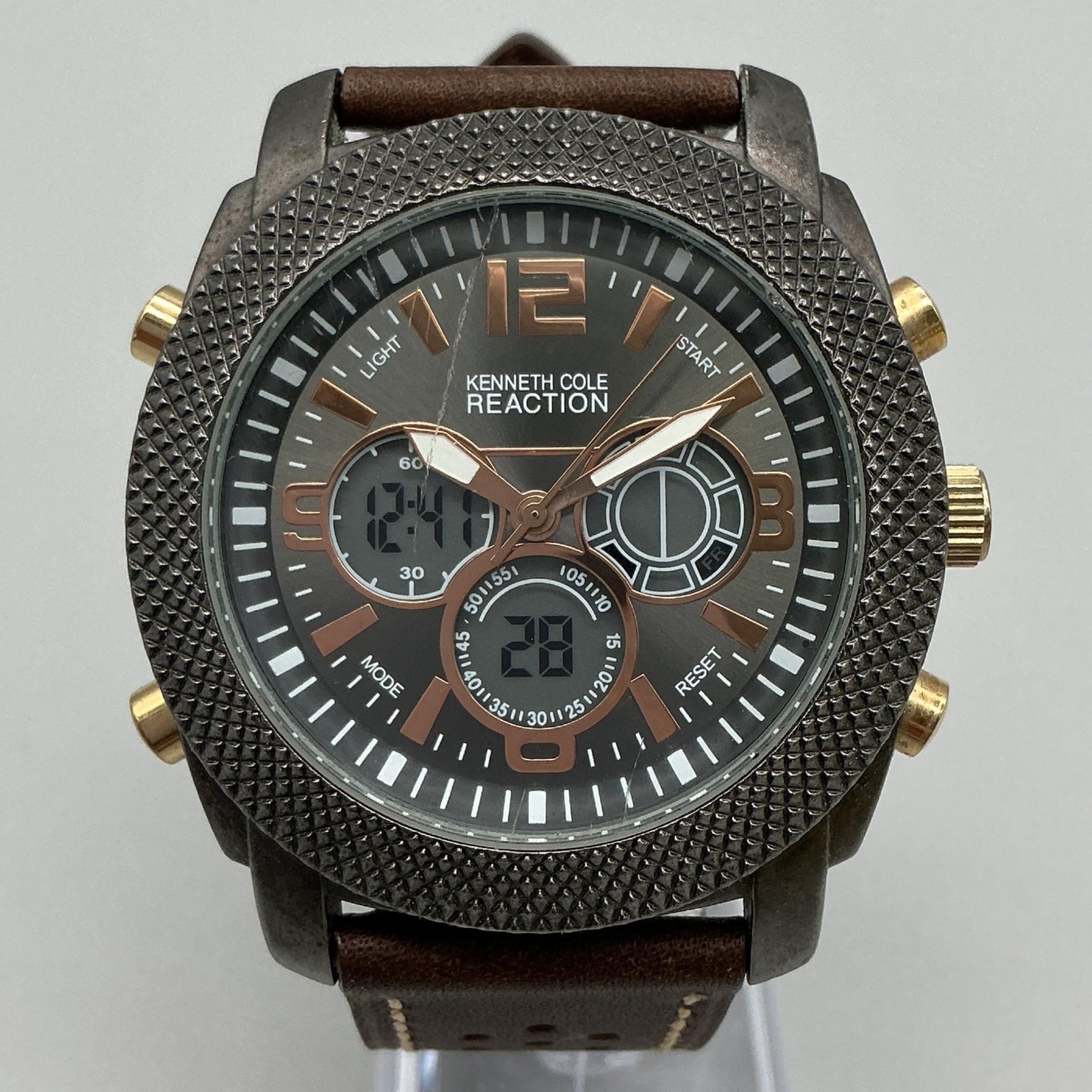 Kenneth Cole Reaction Mens Watch 46mm Analog Digital Cracked Crystal New Battery