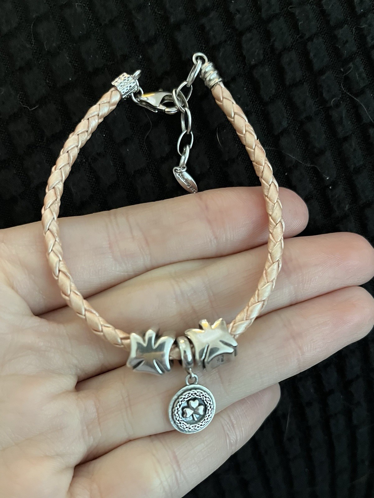 Chamilia 925 Pink Braided Leather Lucky Soul w/ Clovers Charm Bracelet