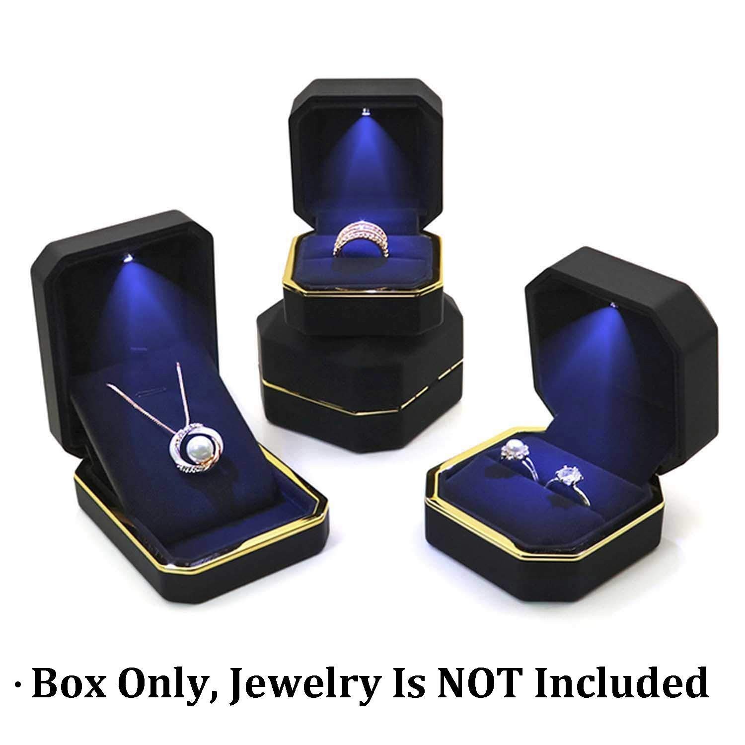 Elegant Velvet Ring Box with LED Light – Square Jewelry Case for Engagement & We