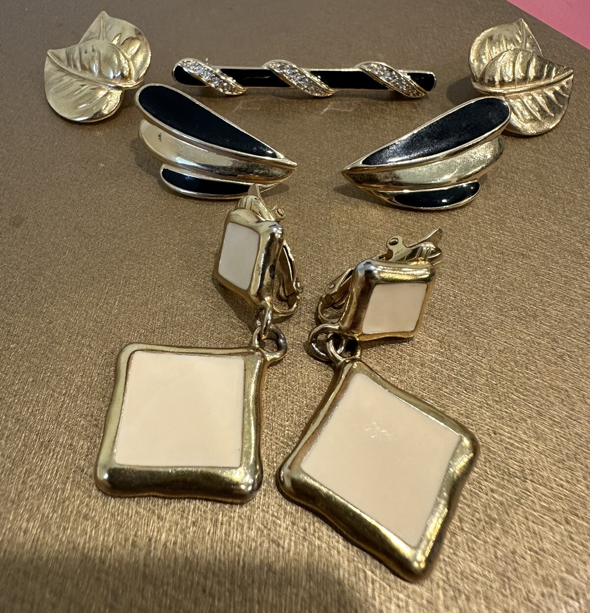 Trifari Vintage Lot 3 Earrings 1 Bar Brooch Gold Tone Black Enamel Rhinestones