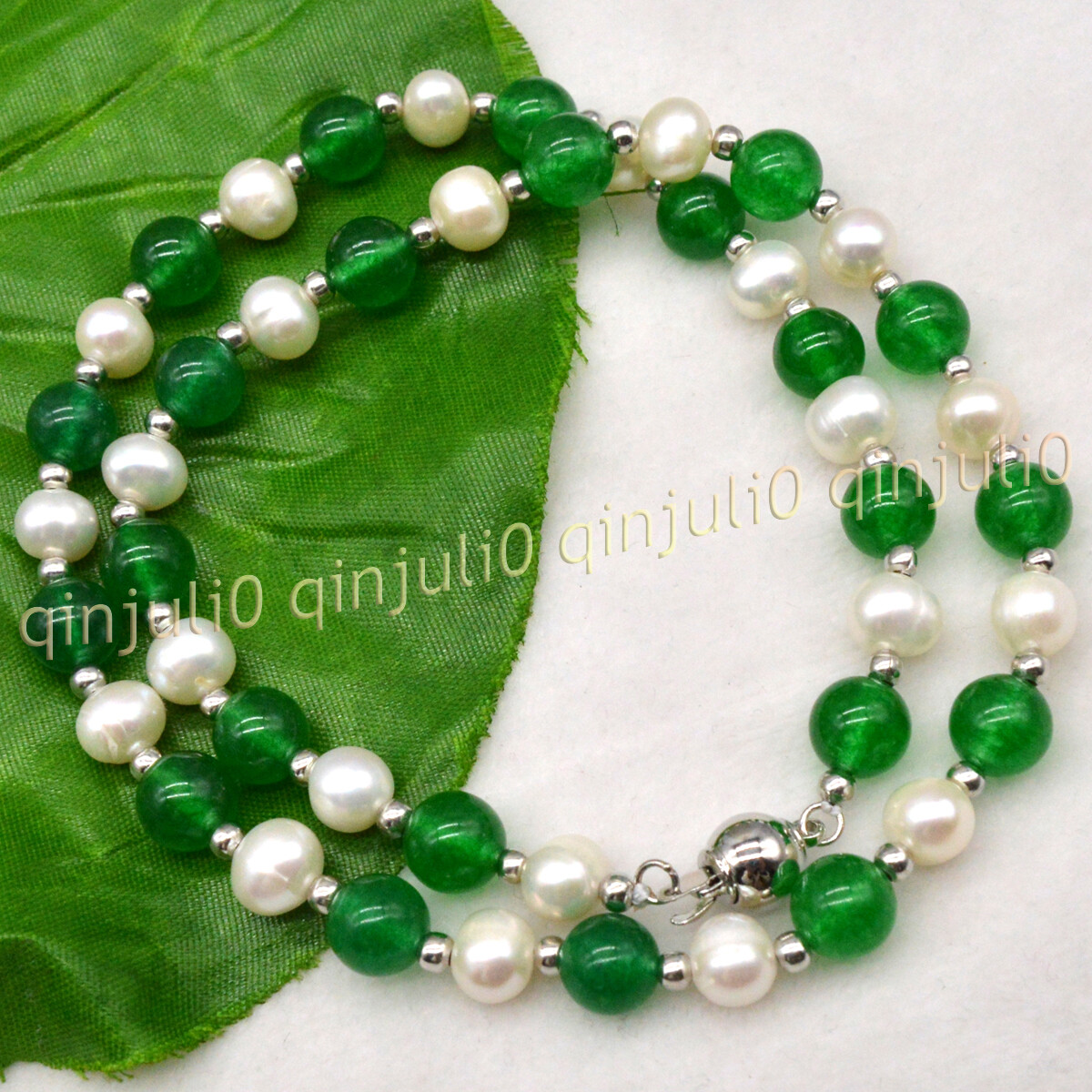 7-8MM Natural White Akoya Pearl Green Jade Round Gems Beads Necklace 16-36inch