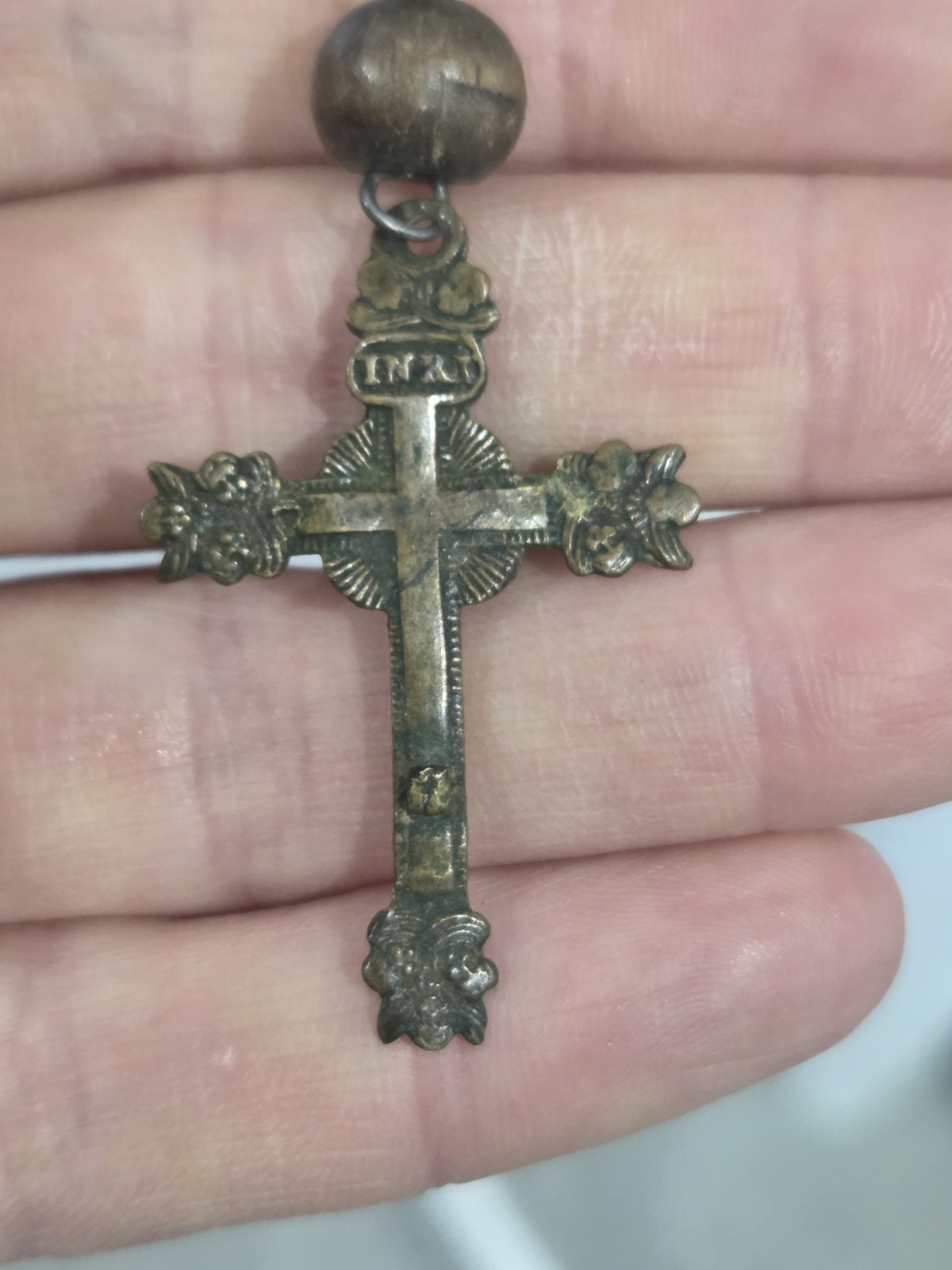 Antique French Wood Brass Rosary Beads & Cross 72cm Necklace 13cm To Cross