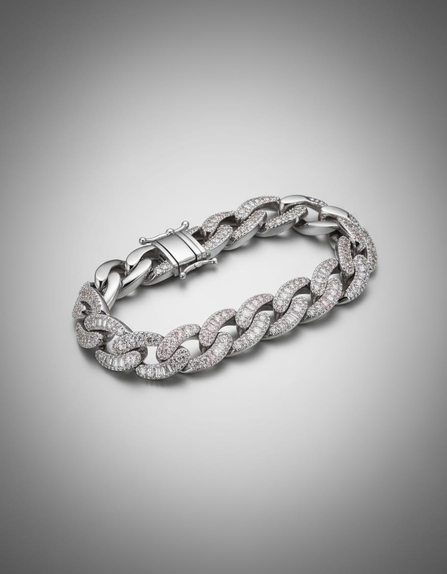 Iced Out Cuban Link Bracelet Baguette Round Diamond 14K White Gold Finish Heavy