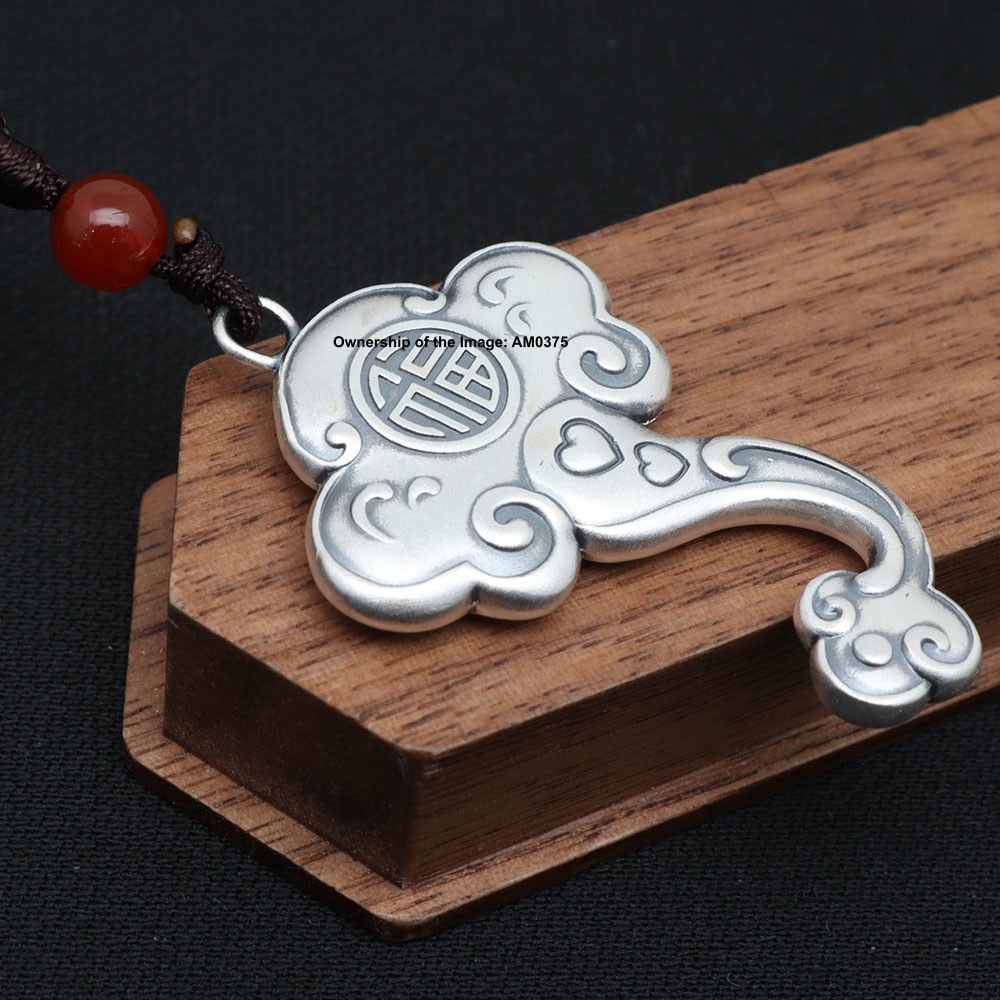 Solid 999 Fine Silver Good Luck Pendant Ruyi Shaped Blessing Amulet 19-21G