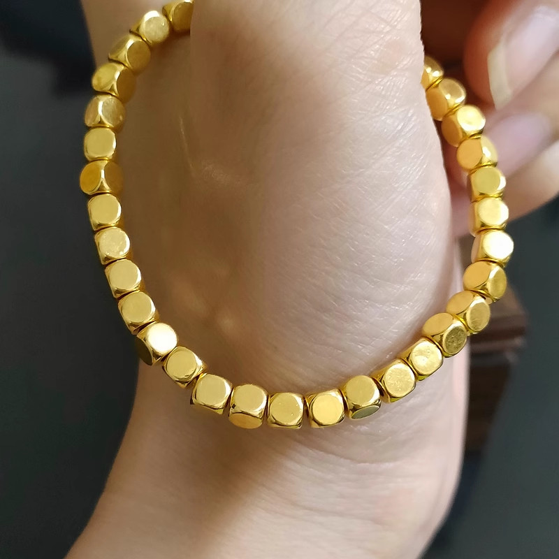 Pure 999 24K Yellow Gold Men Women Lucky 3D 4mm Square Beads Bracelet