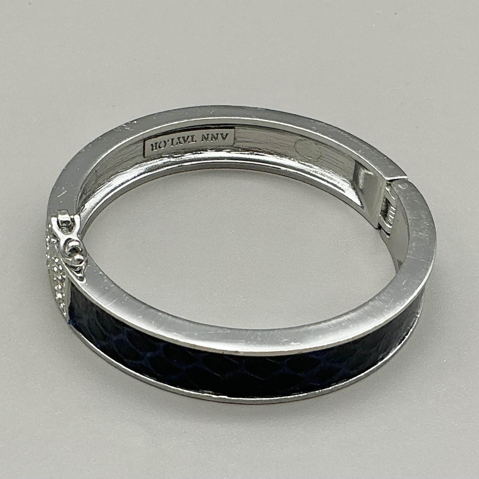 Ann Taylor Bracelet Blue Enamel Bangle Silver Tone Crystal Hook Clasp Womens