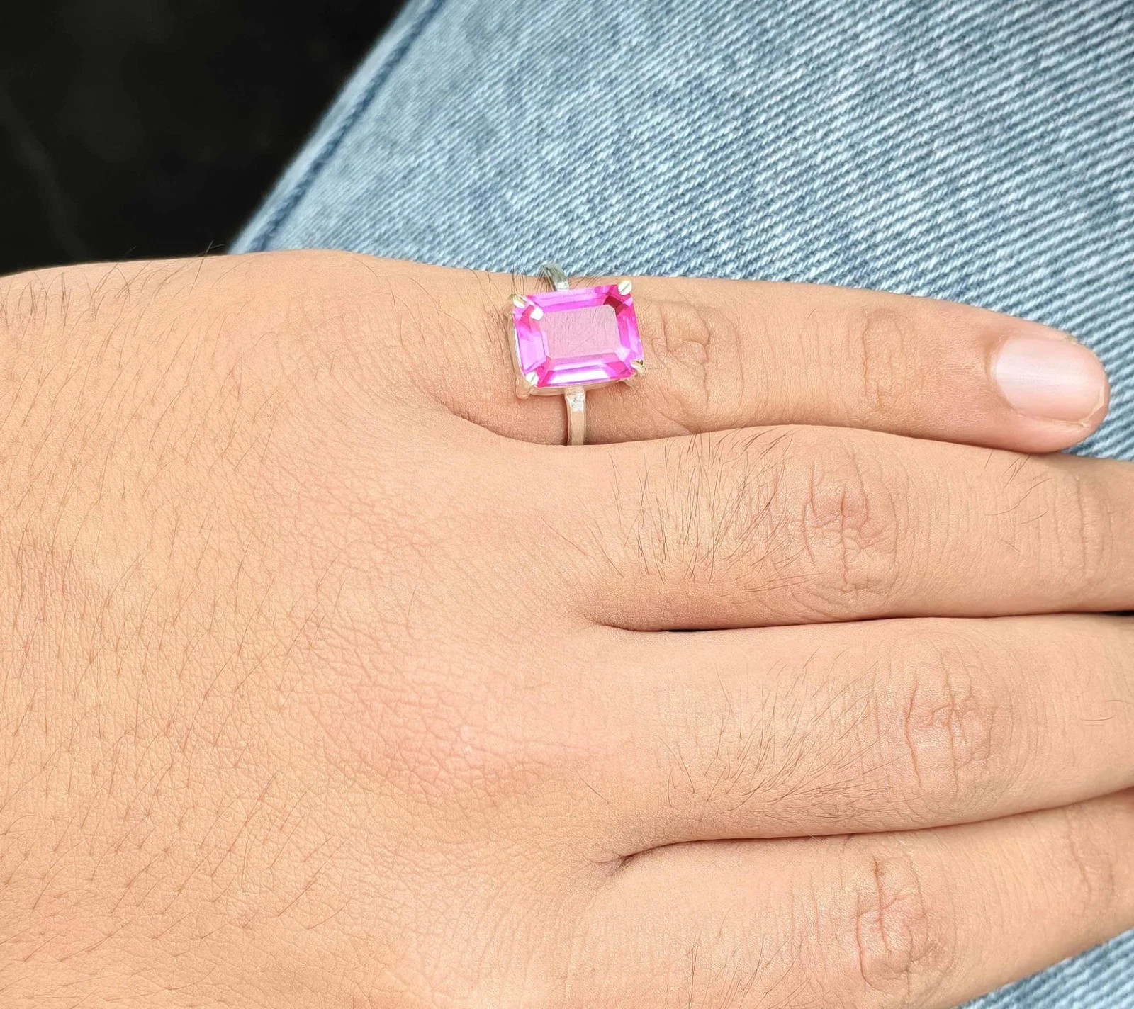 7 Ct Stone Natural Certified Pink Sapphire Emerald Cut Ring Silver Ring Size 9