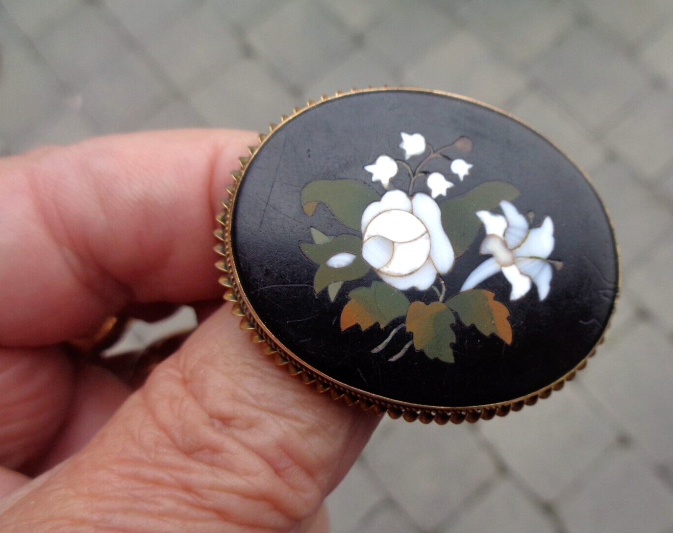Pietra Dura Mosaic Booch Earrings Set Victorian Antique 15ct Gold Floral c1880s