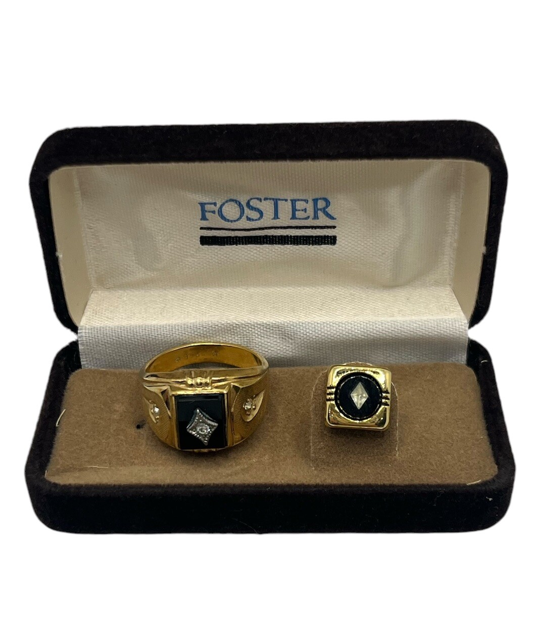 Vintage gold tone black stone CZ tie tack & ring size 8 set Foster