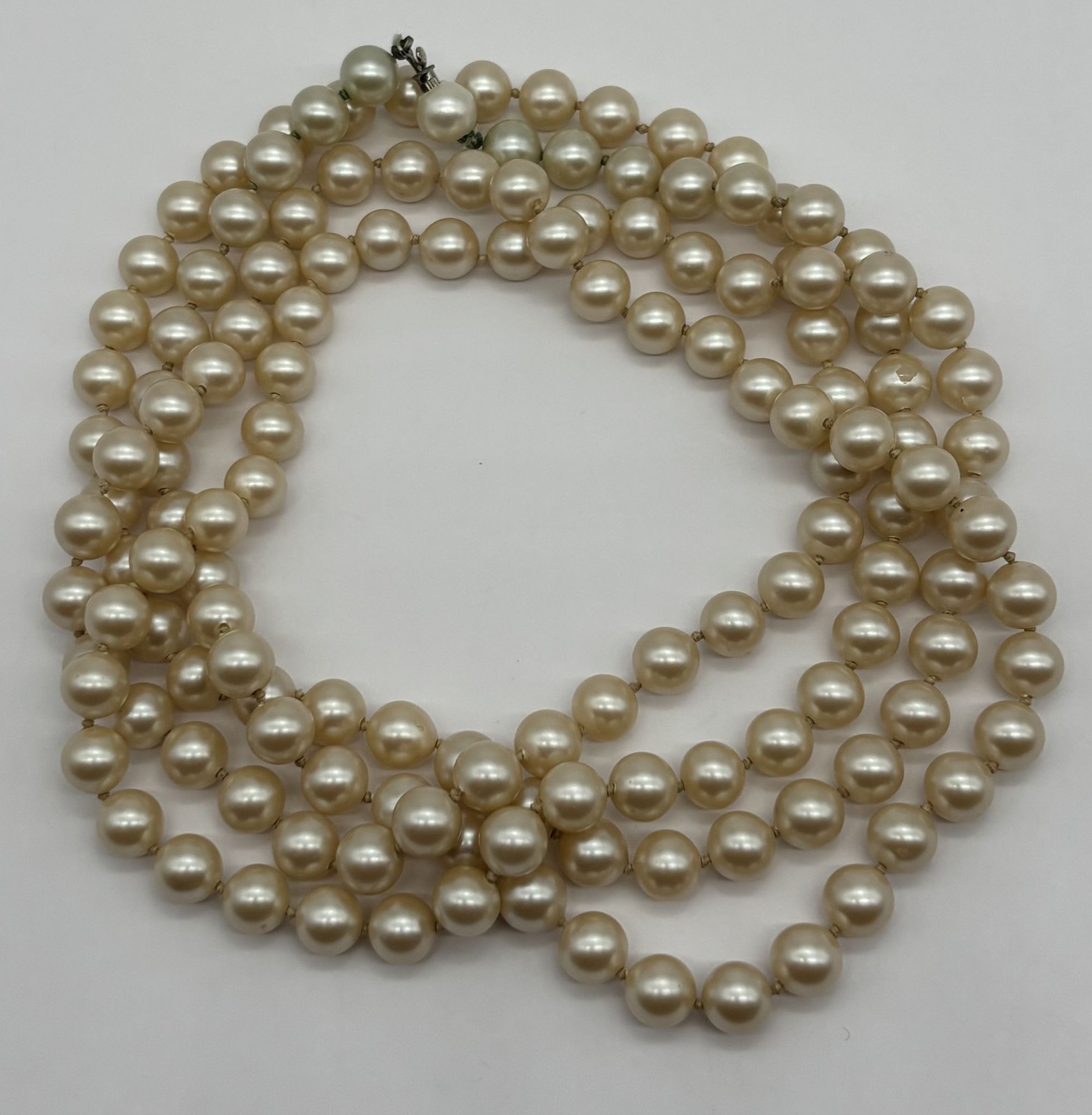 Vintage 10MM Faux Pearl Necklace Single Strand Opera Length Cream Color Unsigned