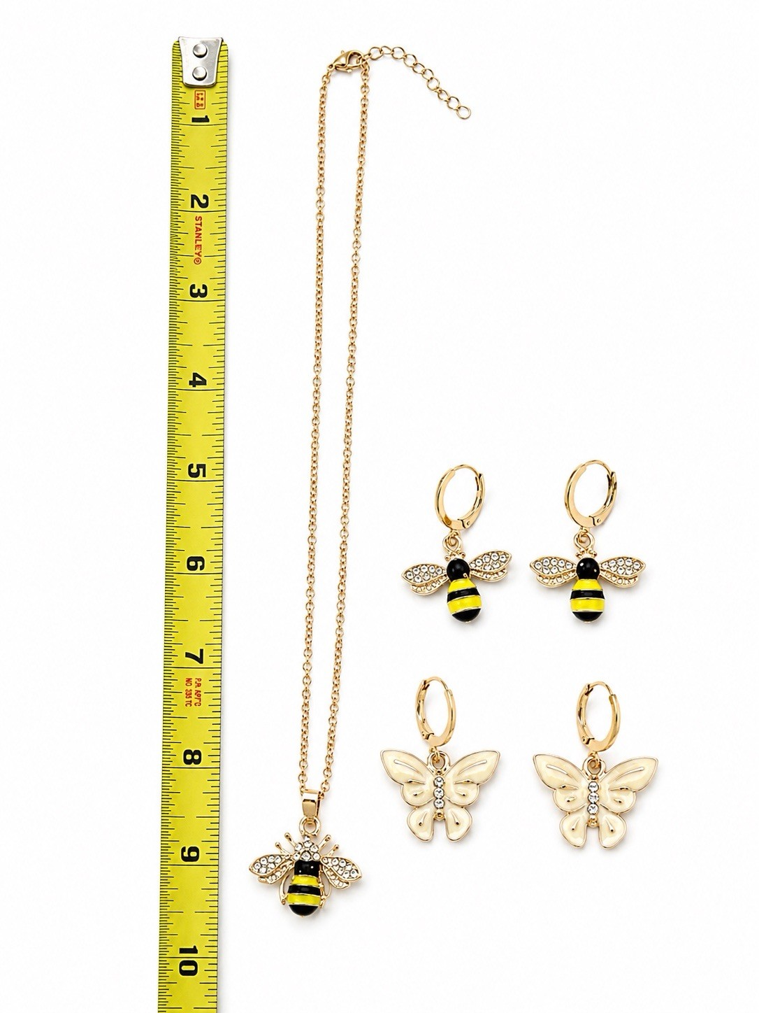 🐝 Bee & Butterfly Necklace Earrings Set Crystal Gold Tone Gift Box Included