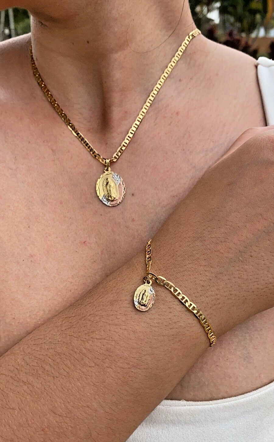 14K Gold Filled Virgem de Guadalupe Set Necklace 20″ and Bracelet 7.5″ Womens