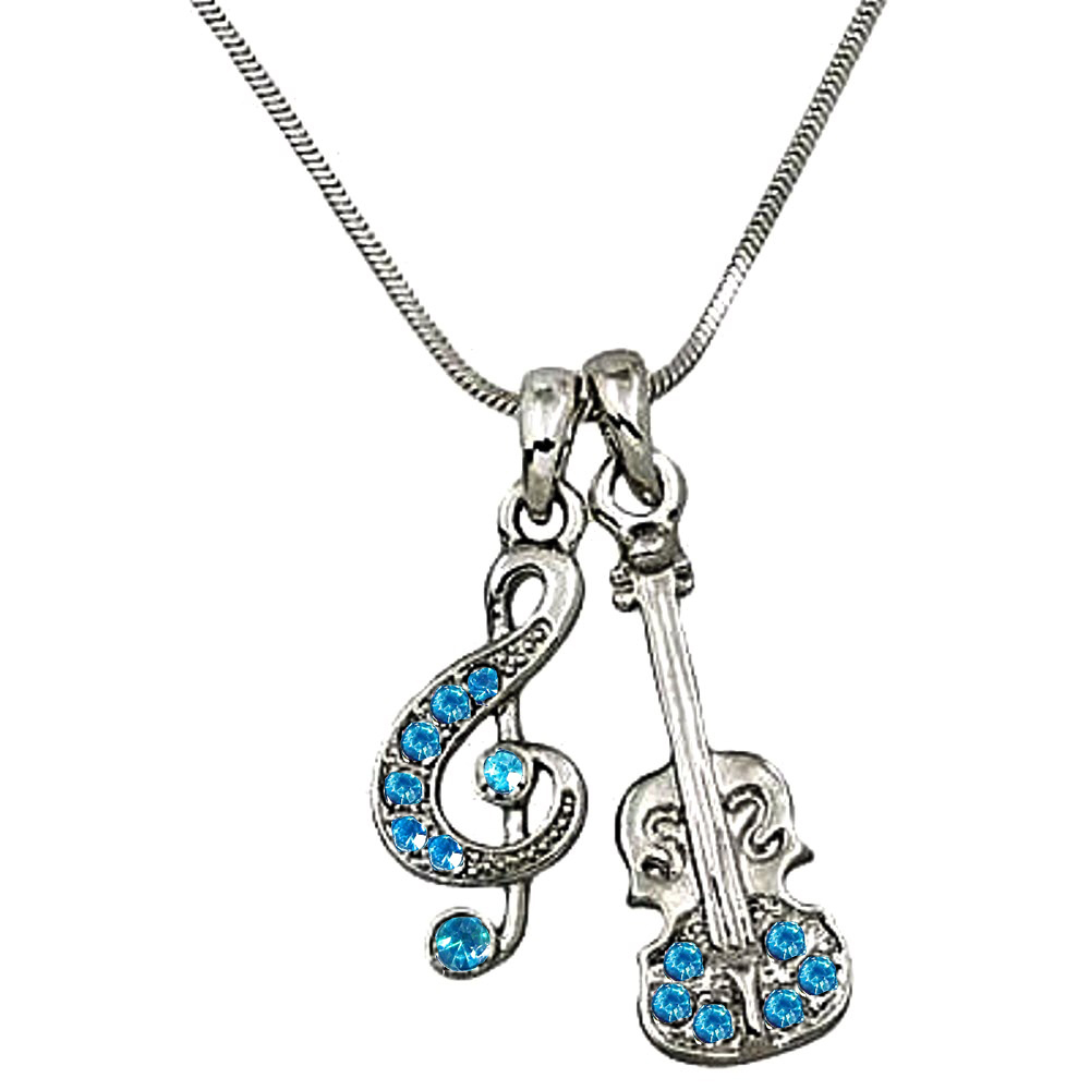 Music Treble G Clef Note Violin Pendant Necklace Blue Crystals Fast Shipping