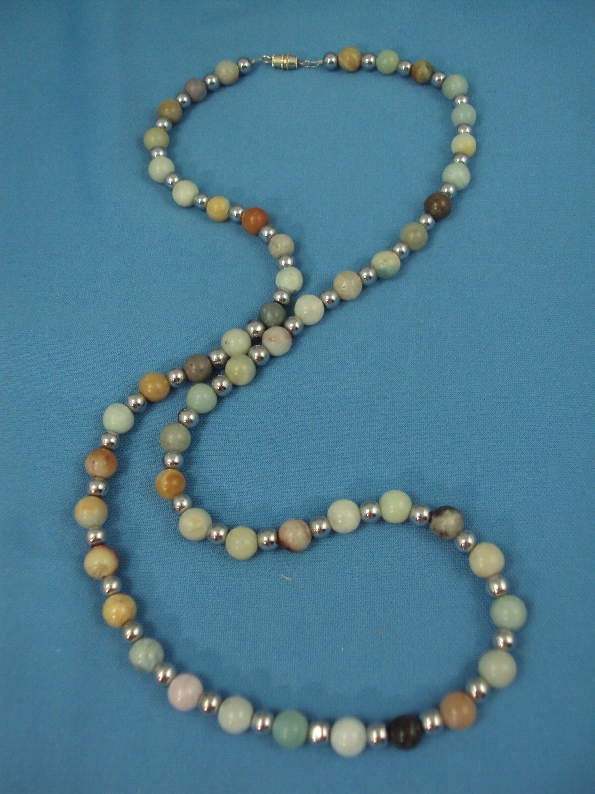 blue green orange tan gray Jasper gemstone + silver beaded bead 28″ necklace