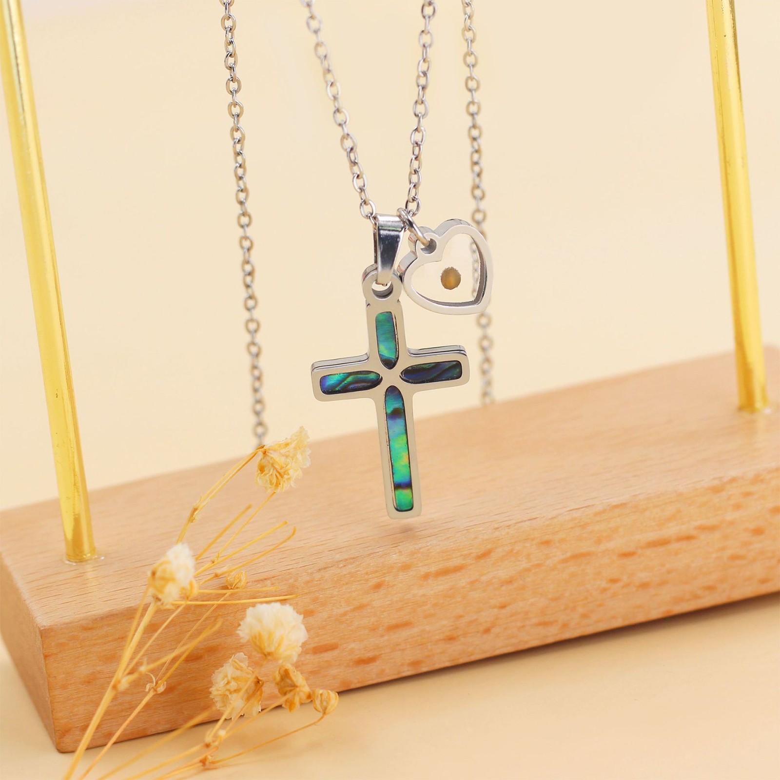 Women’s Girls Christian Mustard Seed Cross Heart Necklace Abalone Shell Pendant
