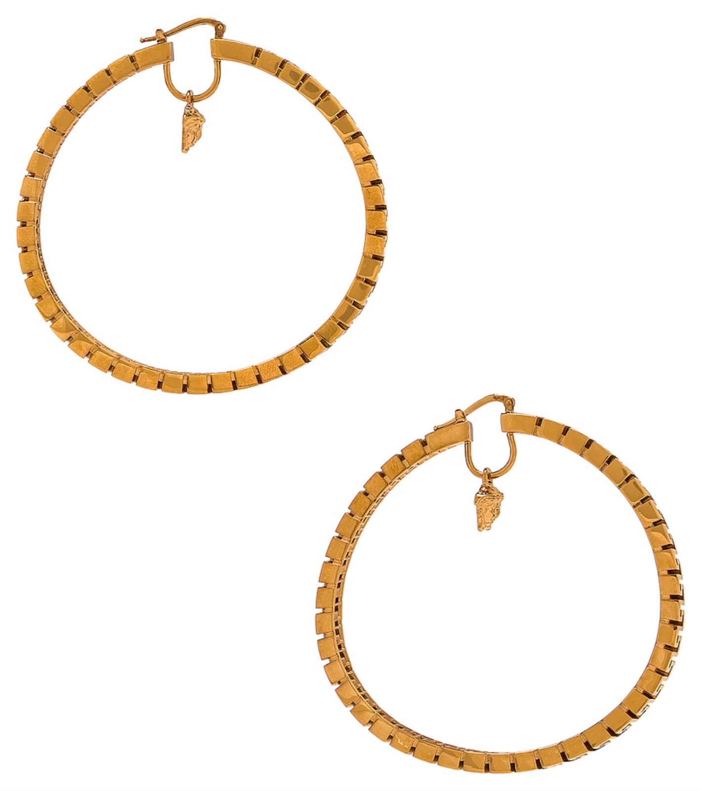 NIB Versace Medusa Logo Charm Greca Greek Key Gold Large Curved Hoop Earrings