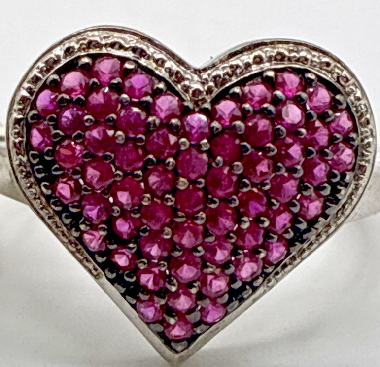 Sterling Silver 925 Ring Size 7.75 Pave Heart Dark Pink Stones Halo 3.7g