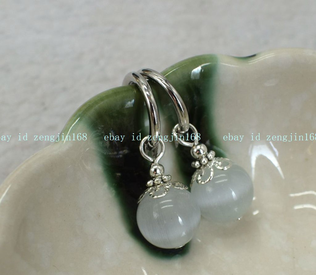 Stunning 8/10/12mm White Cat’s Eye Opal Round Gemstone Beads Leveback Earrings