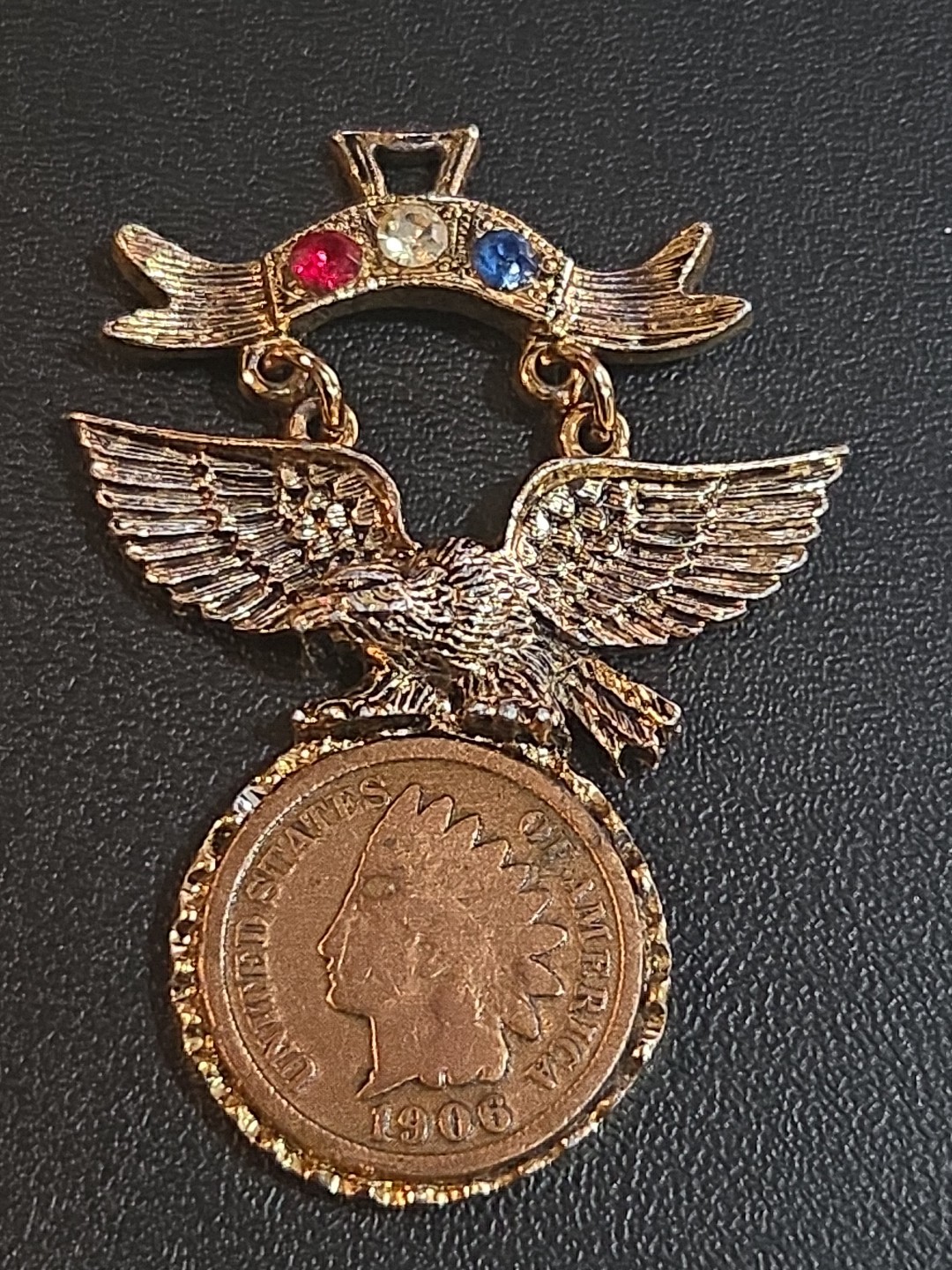Gold Crown Inc. Signed Vintage Patriotic Pendant W/ Eagle And Indian Head Cent