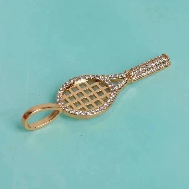 2Ct Round Cut Real Moissanite Tennis Racket Charm Pendant 14K Yellow Gold Plated