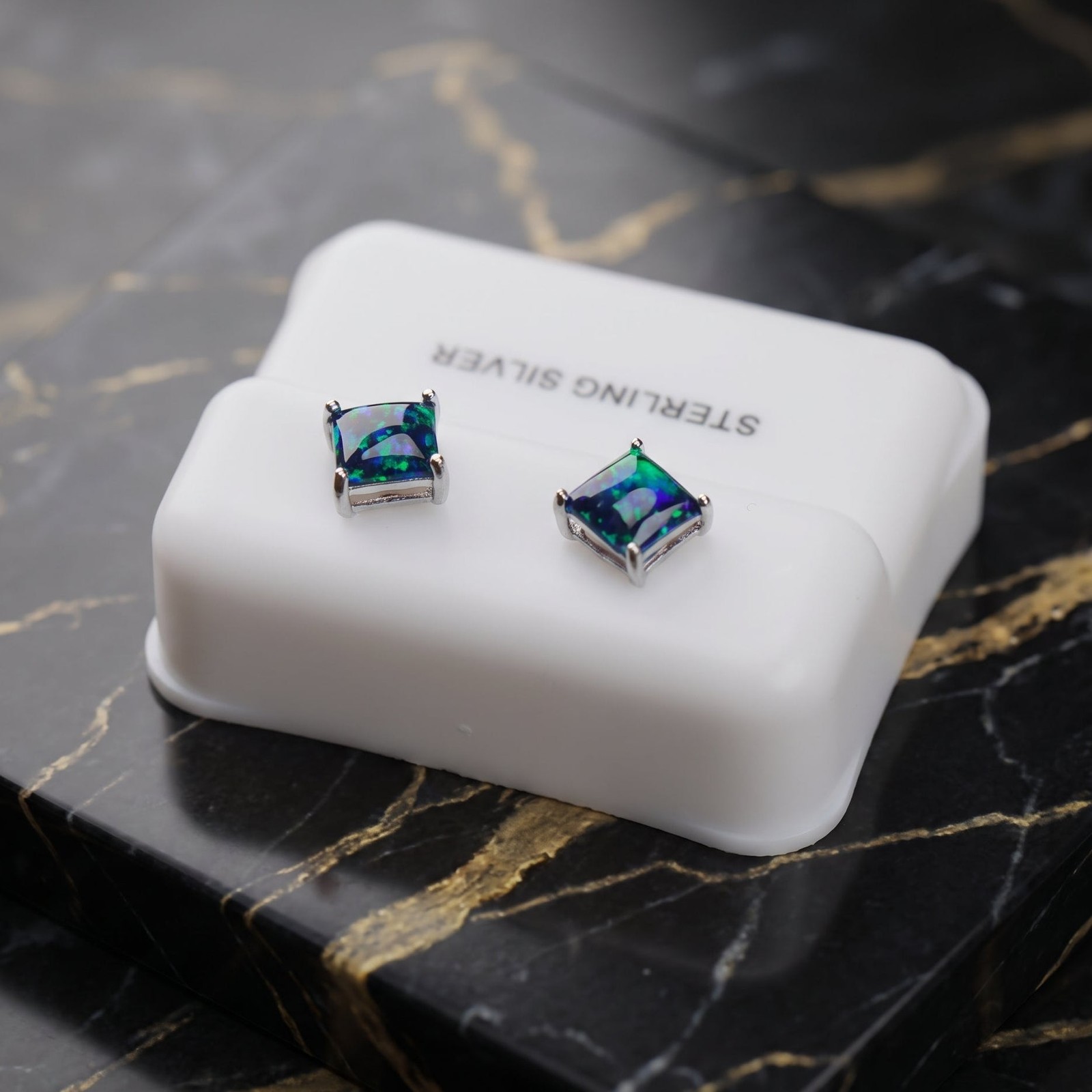 Green Fire Opal Square Earrings 925 Sterling Silver Lab Created