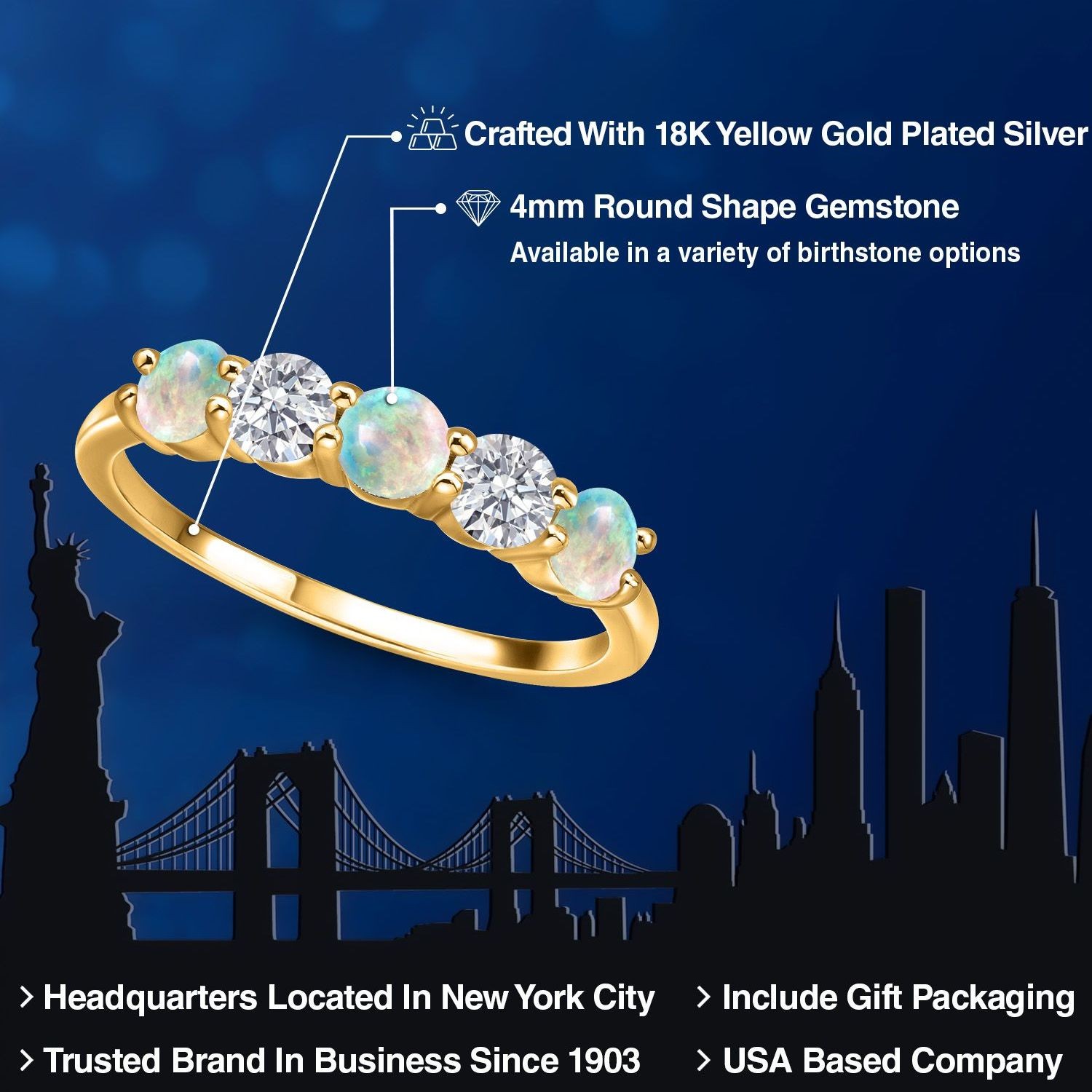 1.29 Ct White Simulated Opal G/H Lab Grown Diamond 18K Yellow Gold Plated