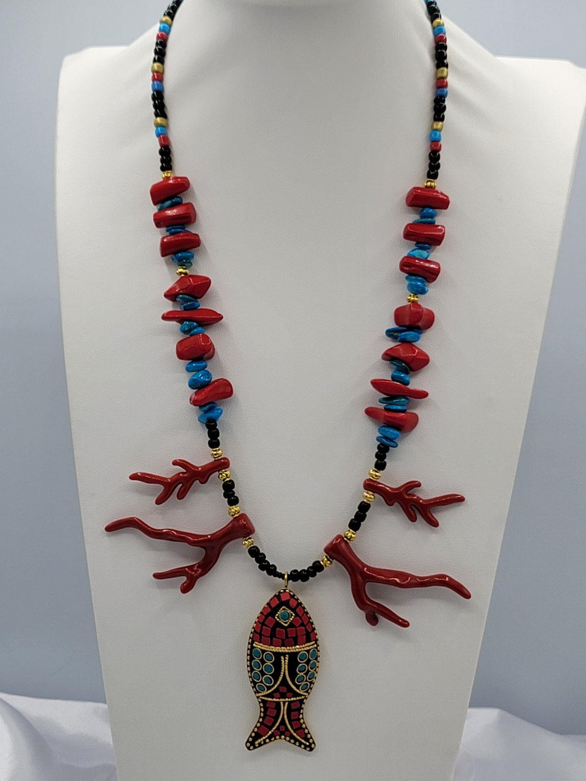 Red Turquoise Black Gold Beaded Necklace Fish Charm Pendant Lobster Clasp