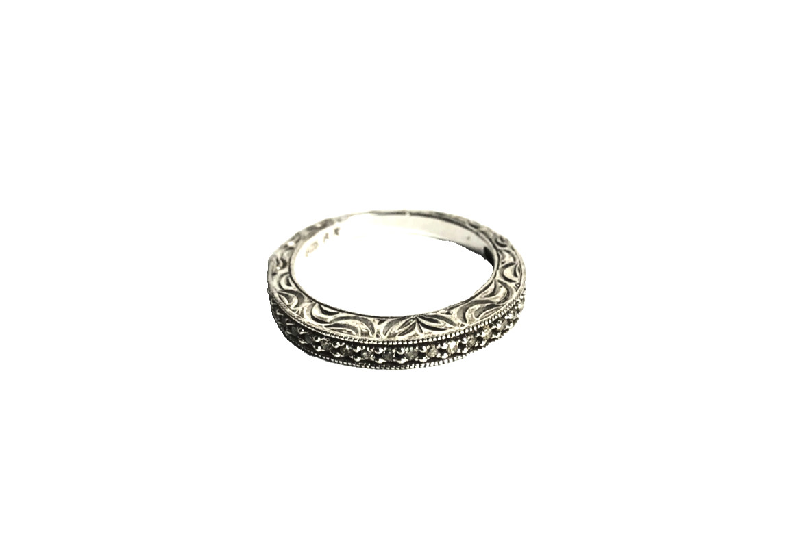 Diamond Wedding Band Engraved Shank Sterling Silver 925 Milgrain Edge Sz 5.75
