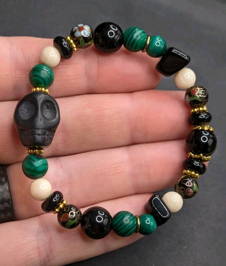 Skull Malachite Cloisonne Beaded Stretch Bracelet (16cm) Small Wrist