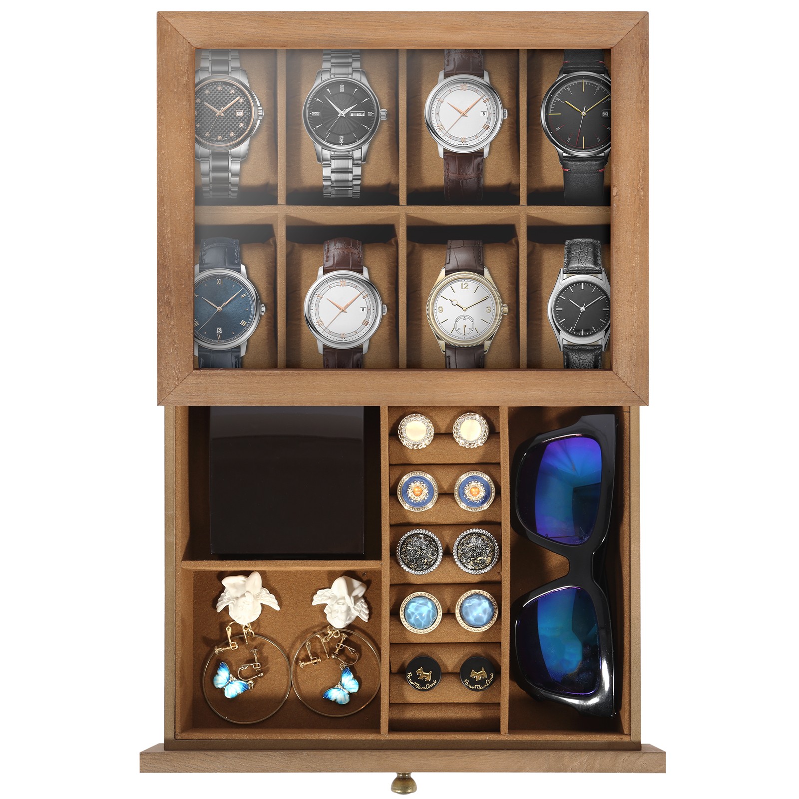 8 Slots Watch Box Solid Wood Watch Case Jewelry Storage Glass Lid Display Case