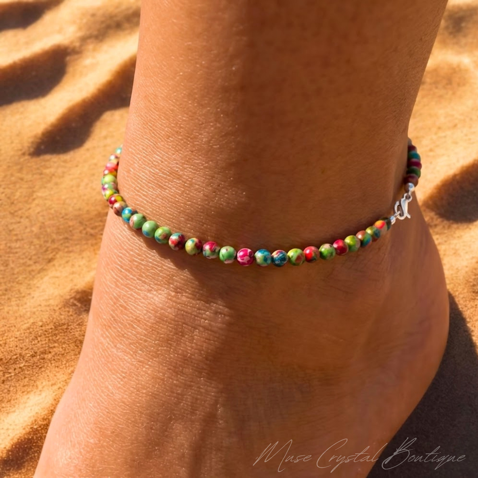 Floral Sea Sediment Jasper Anklet 4mm Natural Gemstone Boho Dainty Beads Gift