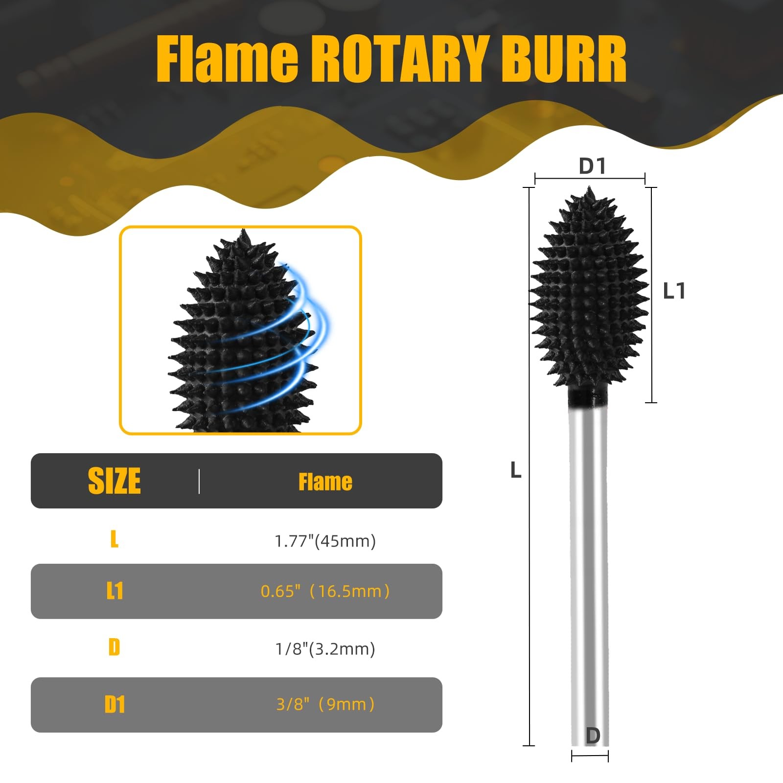 CAELUM 1 Pcs Flame Rotary Burr Kit, 1/8″ Shaft, Very Coarse