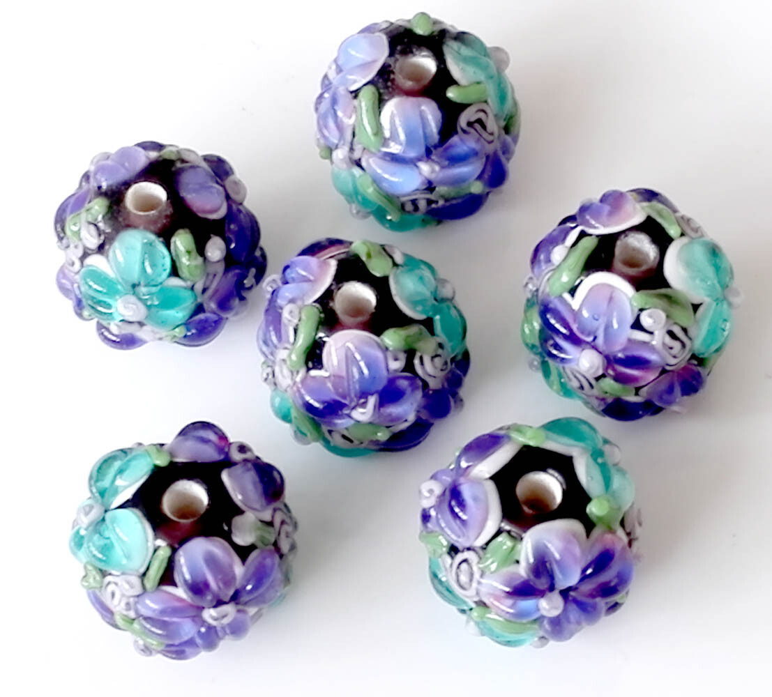 10Pcs Handmade Lampwork Glass Round Beads Purple Blue Flower 15Mm