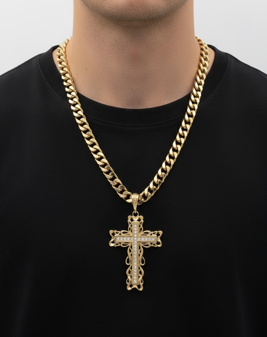 Large Gold CZ Cross Pendant Necklace, 14k Plated, 10mm Cuban Chain Men’s/Women’s