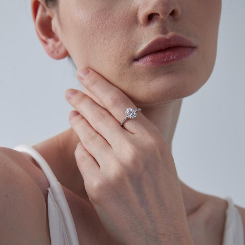 Oval Moissanite Halo Engagement Ring in 925 Sterling Silver