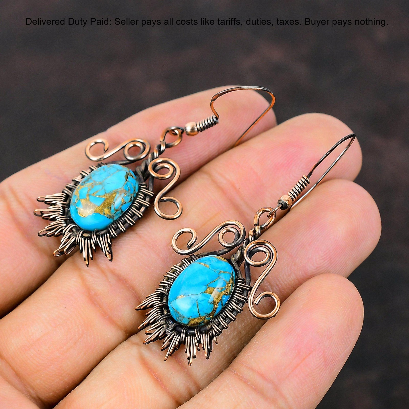 Christmas Deal Copper Copper Blue Turquoise Gemstone Drop Dangle Mother Earrings