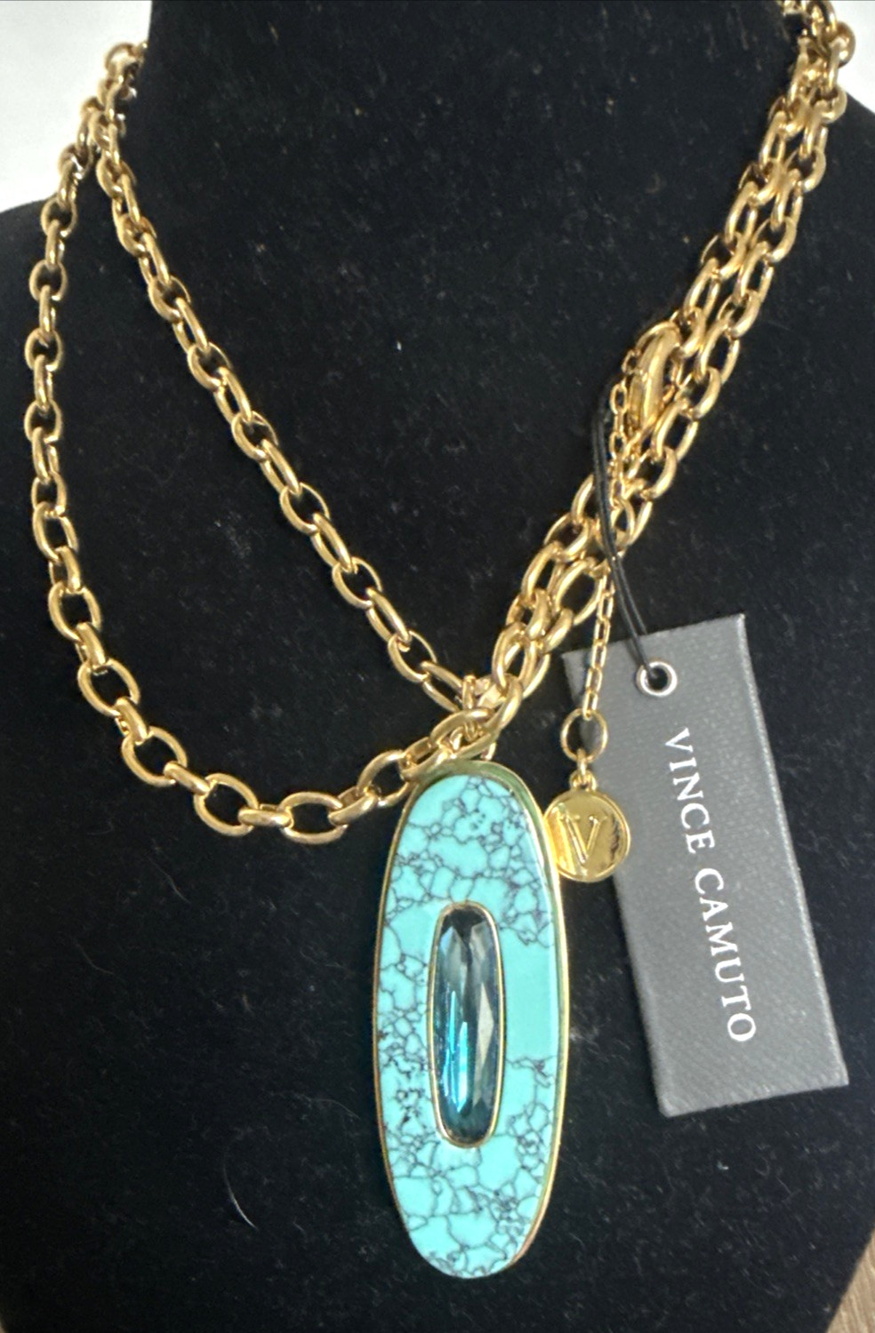 NWT Vince Camuto Gold Pendant Necklace Facet Cobalt Blue Agate Turquoise Howlite