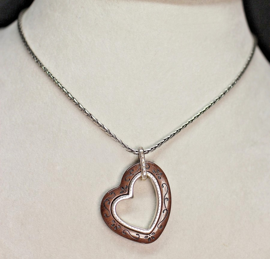 BRIGHTON Reversible Brown and Black with Silver Scroll HEART Pendant Necklace