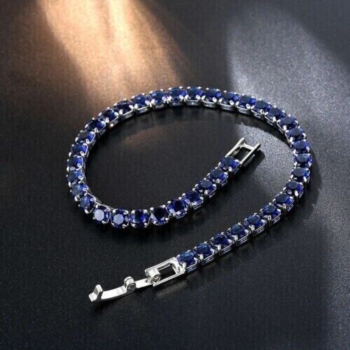 4 mm Round Cut Blue Sapphire Lab Created Tennis Bracelet 14K White Gold Plated