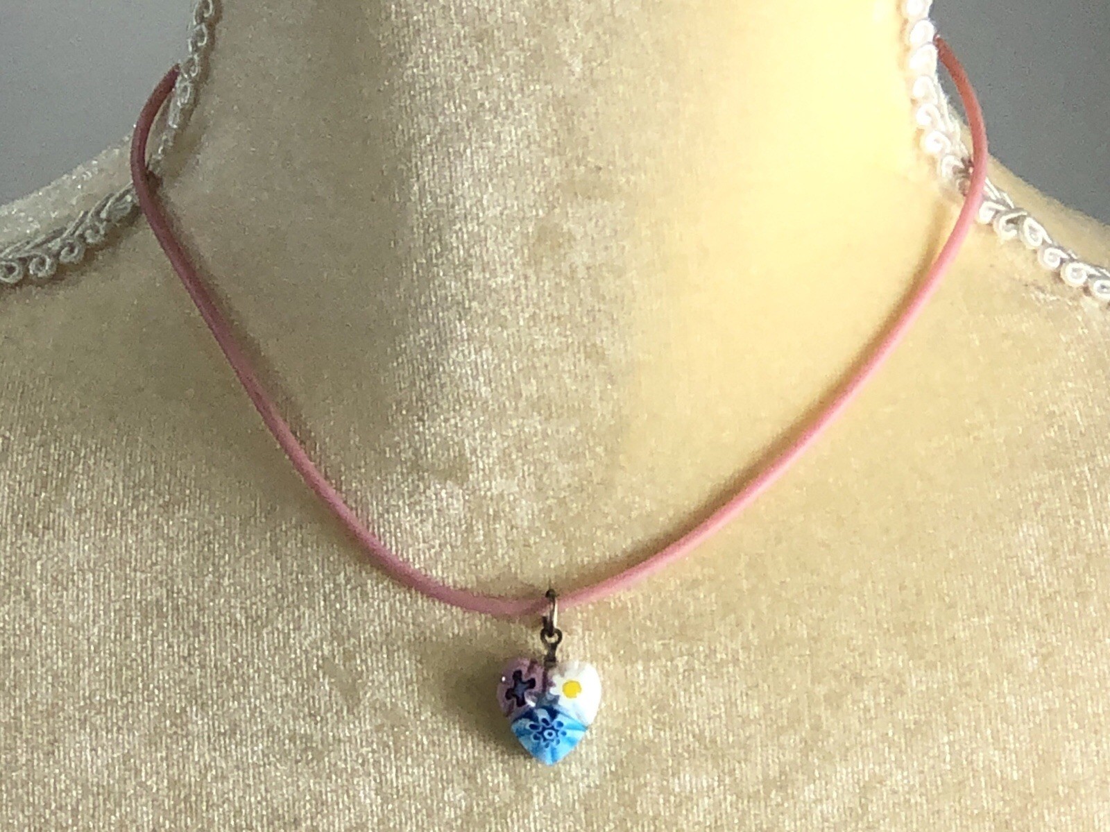 Millefiori Glass Pendant Necklace Heart w Sterling Silver Clasp – 15 inch Length