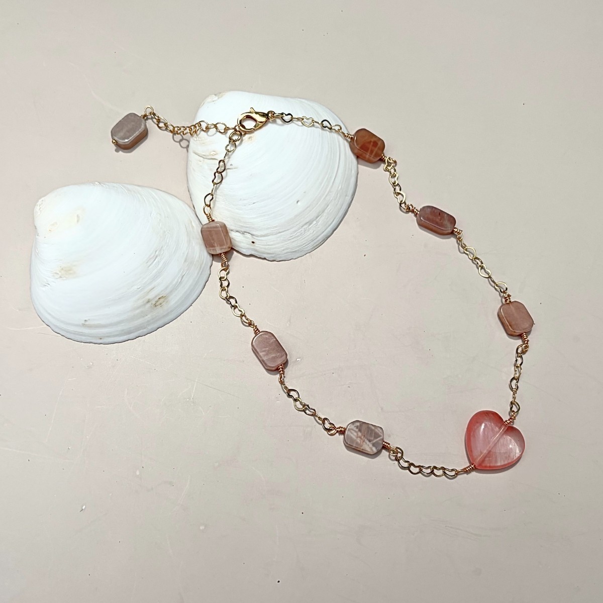 Sun Kissed Heart Sunstone Watermelon Quartz Wire Wrapped Necklace 15–17 in
