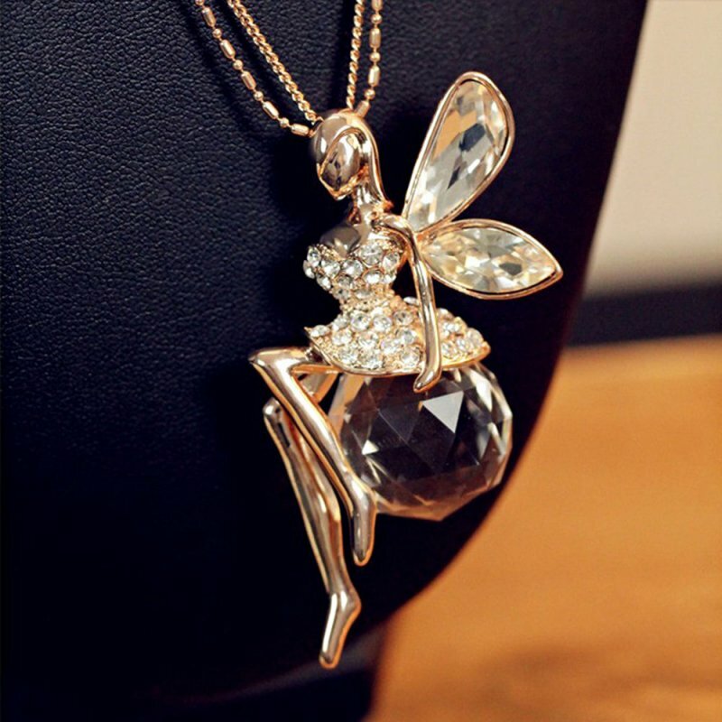 Fashion Women Crystal Fairy Angel Wing Pendant Long Chain Sweater Necklace Gift