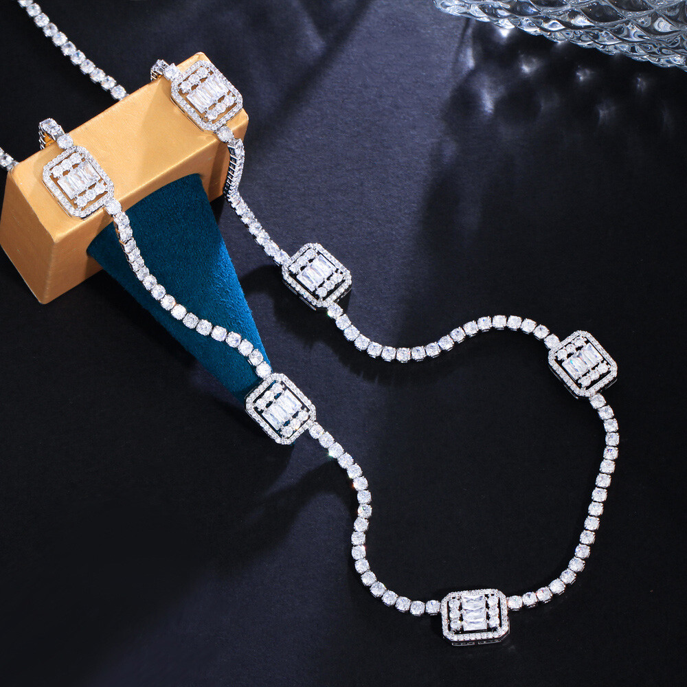 82cm Silver Plated Baguette Cubic Zirconia Long Sweeter Necklace Women Jewelry