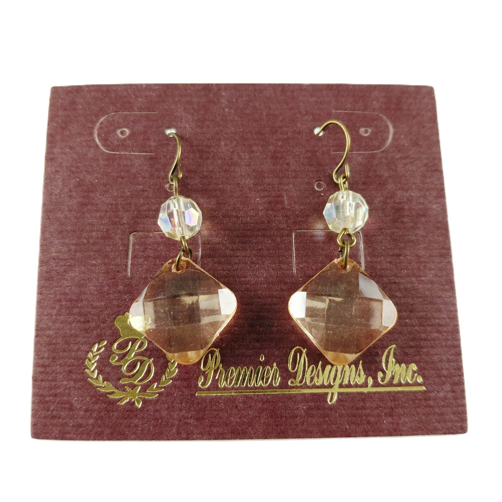 Premier Designs Gold Tone Beaded Dangle Earrings Clear & Peach Crystal Jewelry