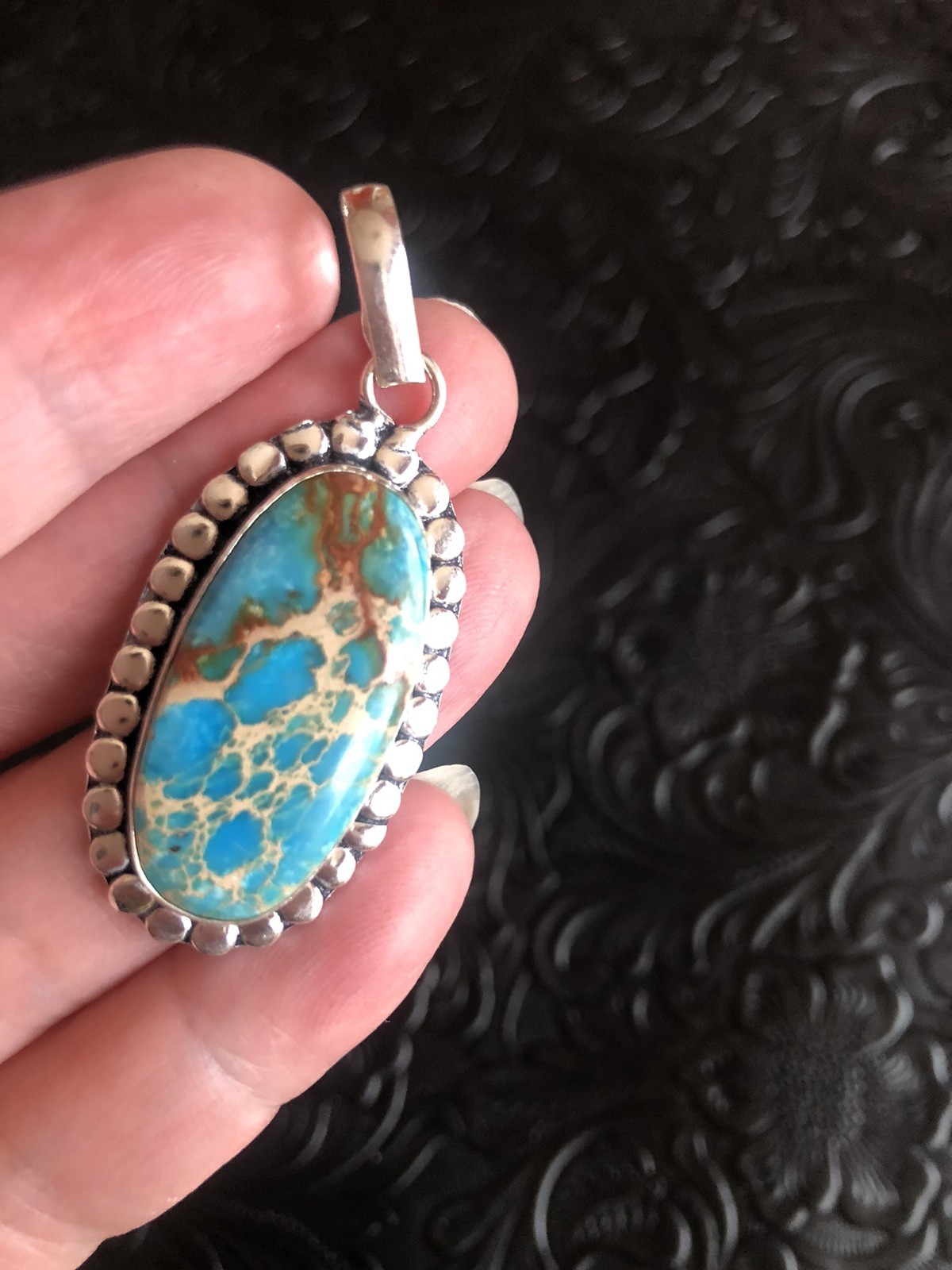 Blue with Brown Yellow Web Matrix Turquoise Pendant 2” Artisan