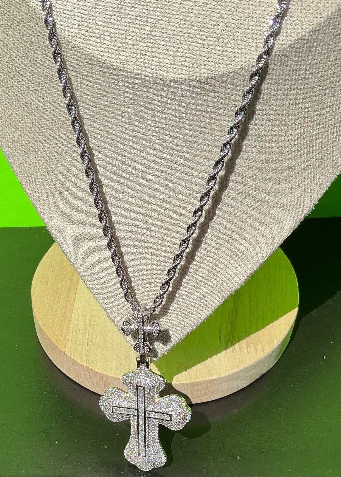 New Men Women White Gold Tone Cross CZ Chain Necklace Hip Hop Rap Fire Bling