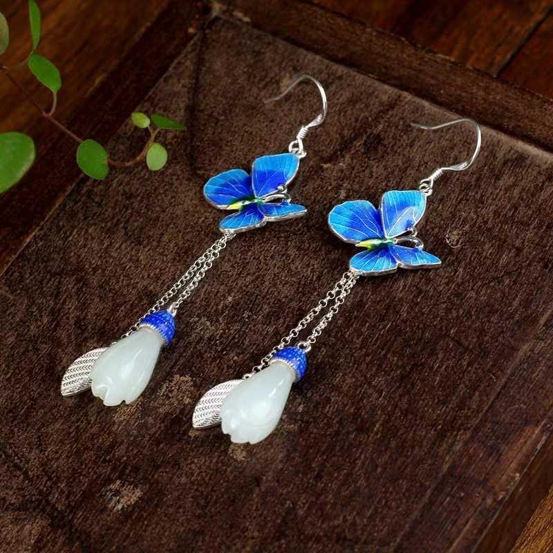 New Enamel Dangle Earrings Lotus Flower Jade Butterfly Drop Chinese