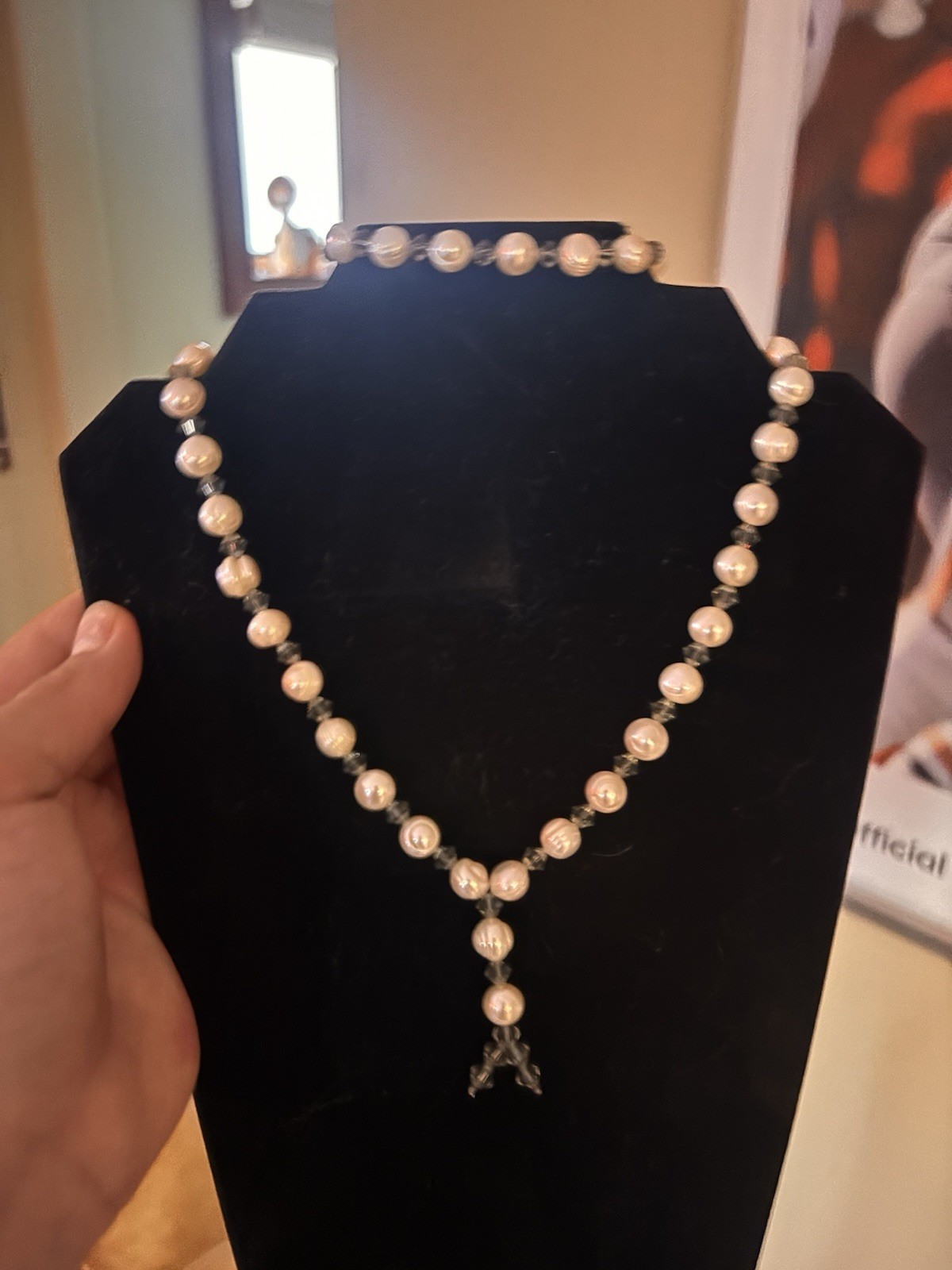 White/Gray Pearl & Crystal Beaded Necklace with a wristband Cross Charm Pendant