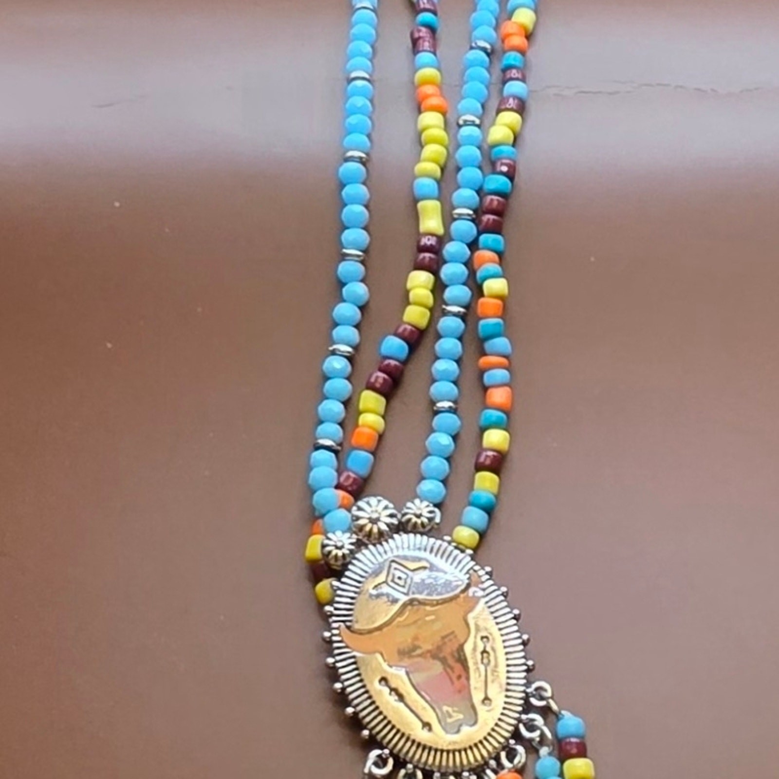 Boho Silver Bull Pendant Beaded Necklace in Turquoise & Orange