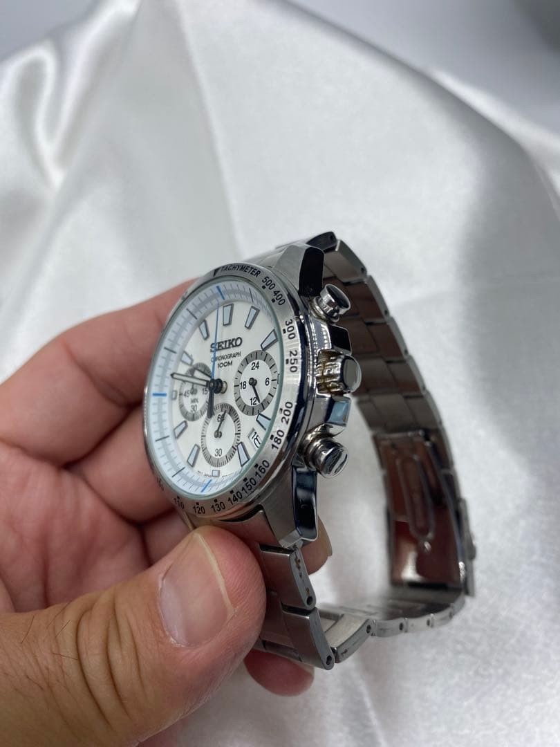 SEIKO Chronograph White Dial 100M Watch 40mm Wrist 20.5cm Date 6t63-00d0 Japan